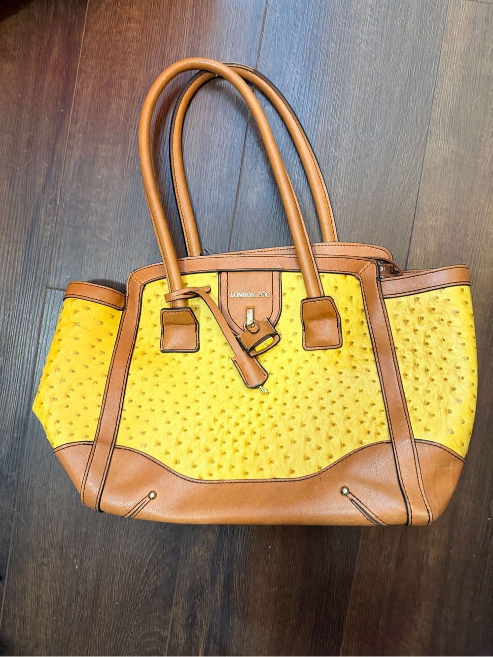 London Fog Yellow and Brown Faux Ostrich Tote